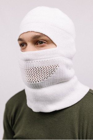 Мужская шапка-балаклава 2в1 Белого цвета утепленная на флисе зимняя маскировка под снег для военных