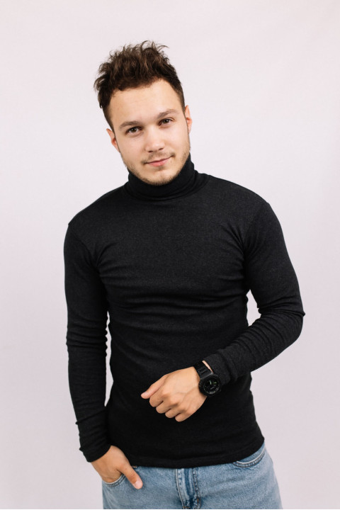 Мужской гольф Темно-серый Антрацит с горловиной со стойкой и отворотом базовый