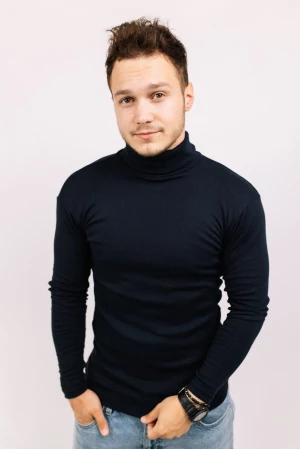 Мужской Темно-синий гольф с горловиной со стойкой и отворотом базовый классический