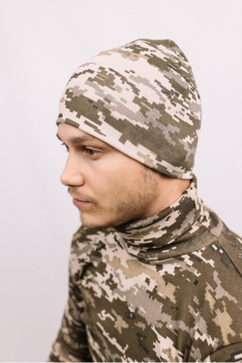 Мужская теплая зимняя шапка Камуфляж Пиксель форма ВСУ утепленная прямая короткая