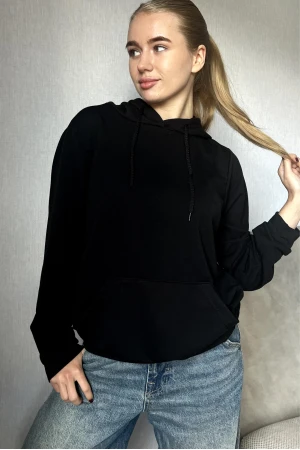 Женское Черное Худи с капюшоном, однотонное из двунитки
