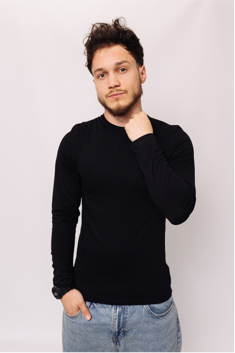 Мужская Черная базовая кофта лонгслив с длинным рукавом по фигуре