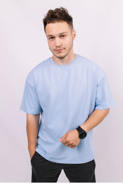 Голубая мужская футболка оверсайз с коротким рукавом хлопковая