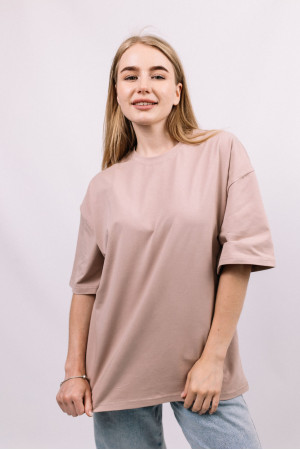 Бежевая женская футболка оверсайз с коротким рукавом хлопковая